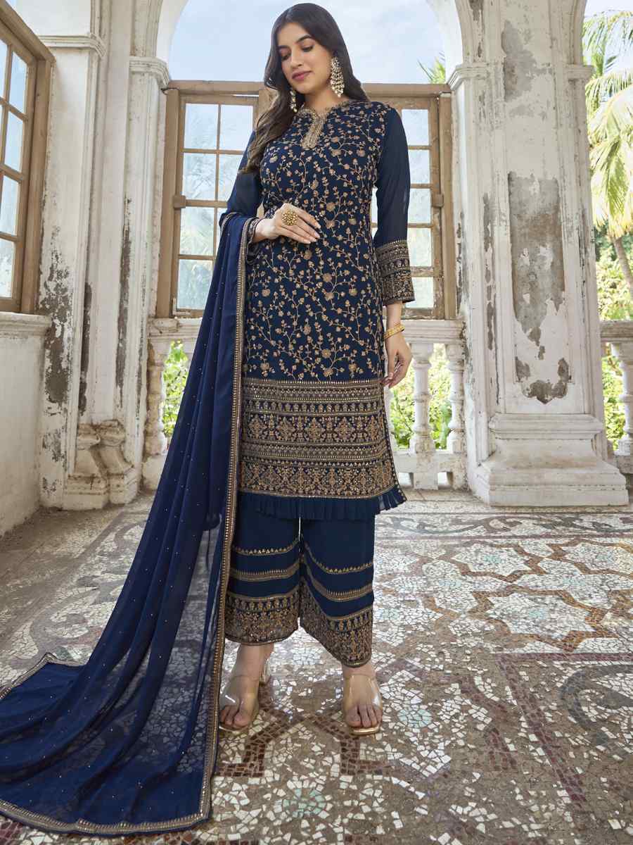 Navy Blue Heavy Faux Georgette Embroidered Festival Wedding Pant Salwar Kameez