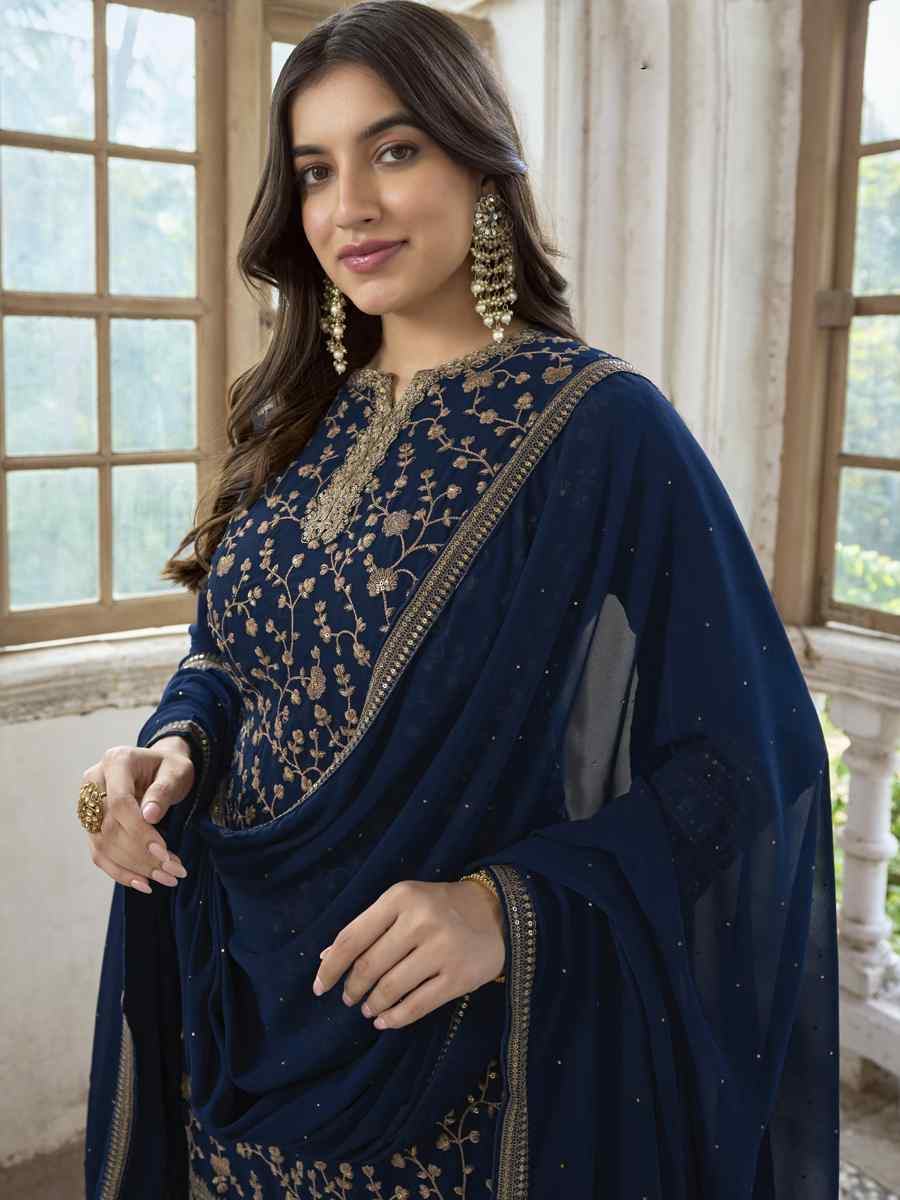 Navy Blue Heavy Faux Georgette Embroidered Festival Wedding Pant Salwar Kameez