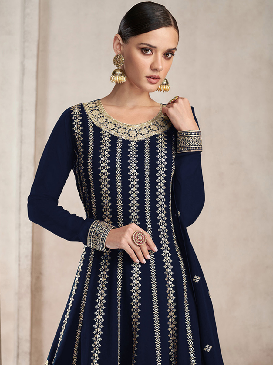 Navy Blue Heavy Faux Georgette Embroidered Festival Wedding Sharara Pant Salwar Kameez