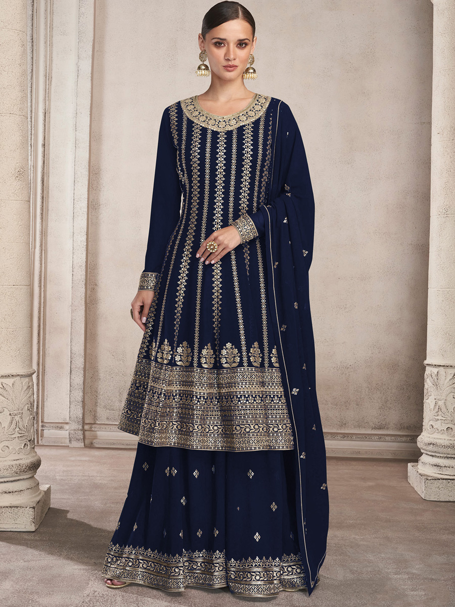 Navy Blue Heavy Faux Georgette Embroidered Festival Wedding Sharara Pant Salwar Kameez