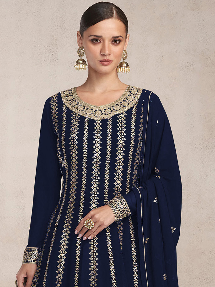 Navy Blue Heavy Faux Georgette Embroidered Festival Wedding Sharara Pant Salwar Kameez