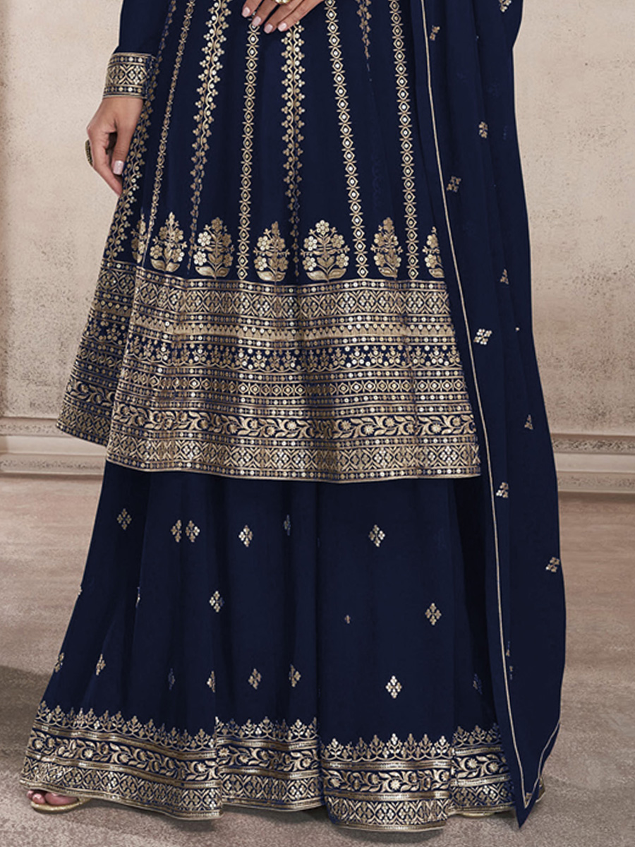 Navy Blue Heavy Faux Georgette Embroidered Festival Wedding Sharara Pant Salwar Kameez
