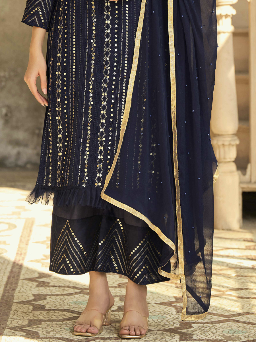 Navy Blue Heavy Faux Georgette Embroidered Party Pant Salwar Kameez