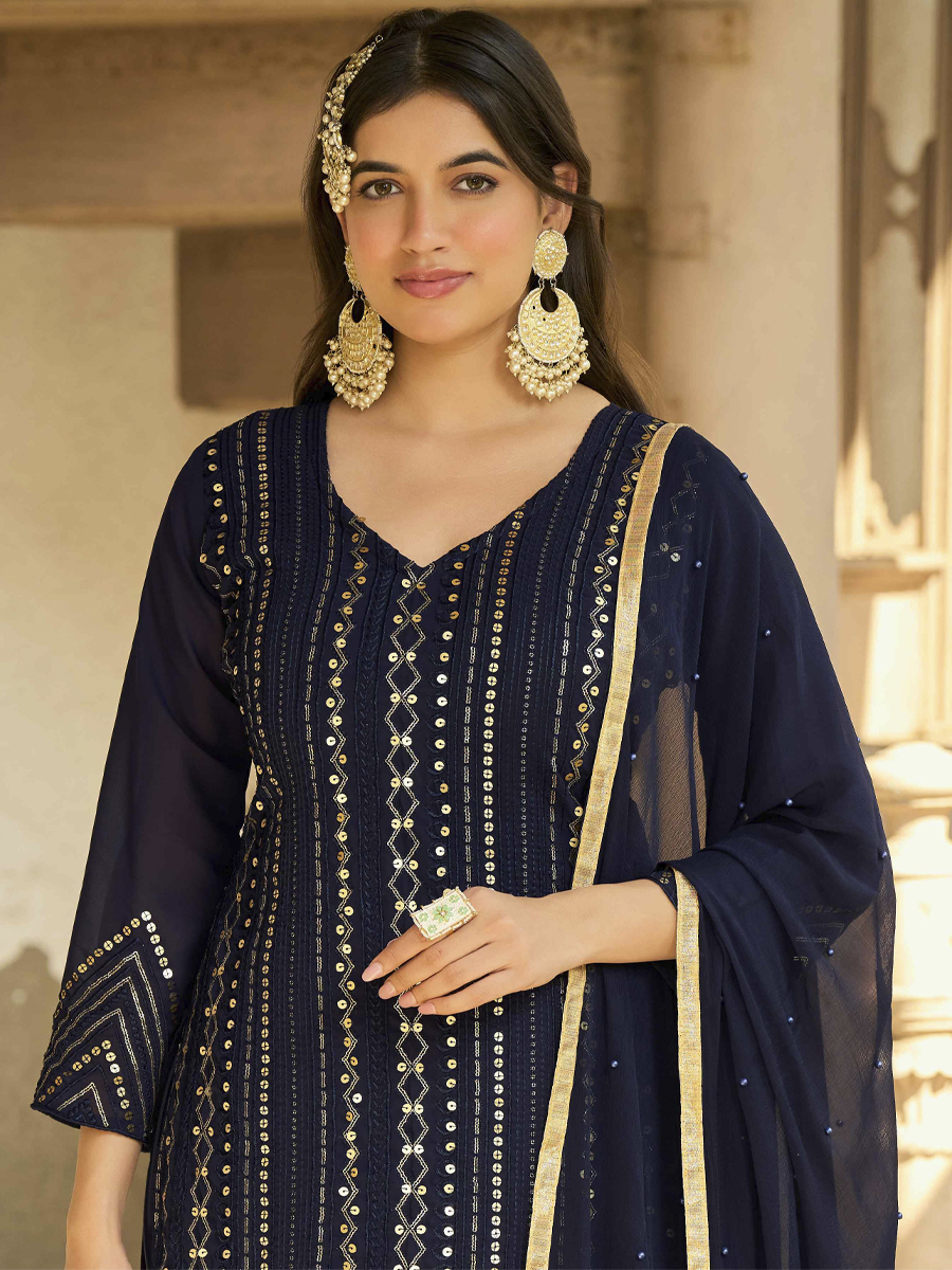 Navy Blue Heavy Faux Georgette Embroidered Party Pant Salwar Kameez
