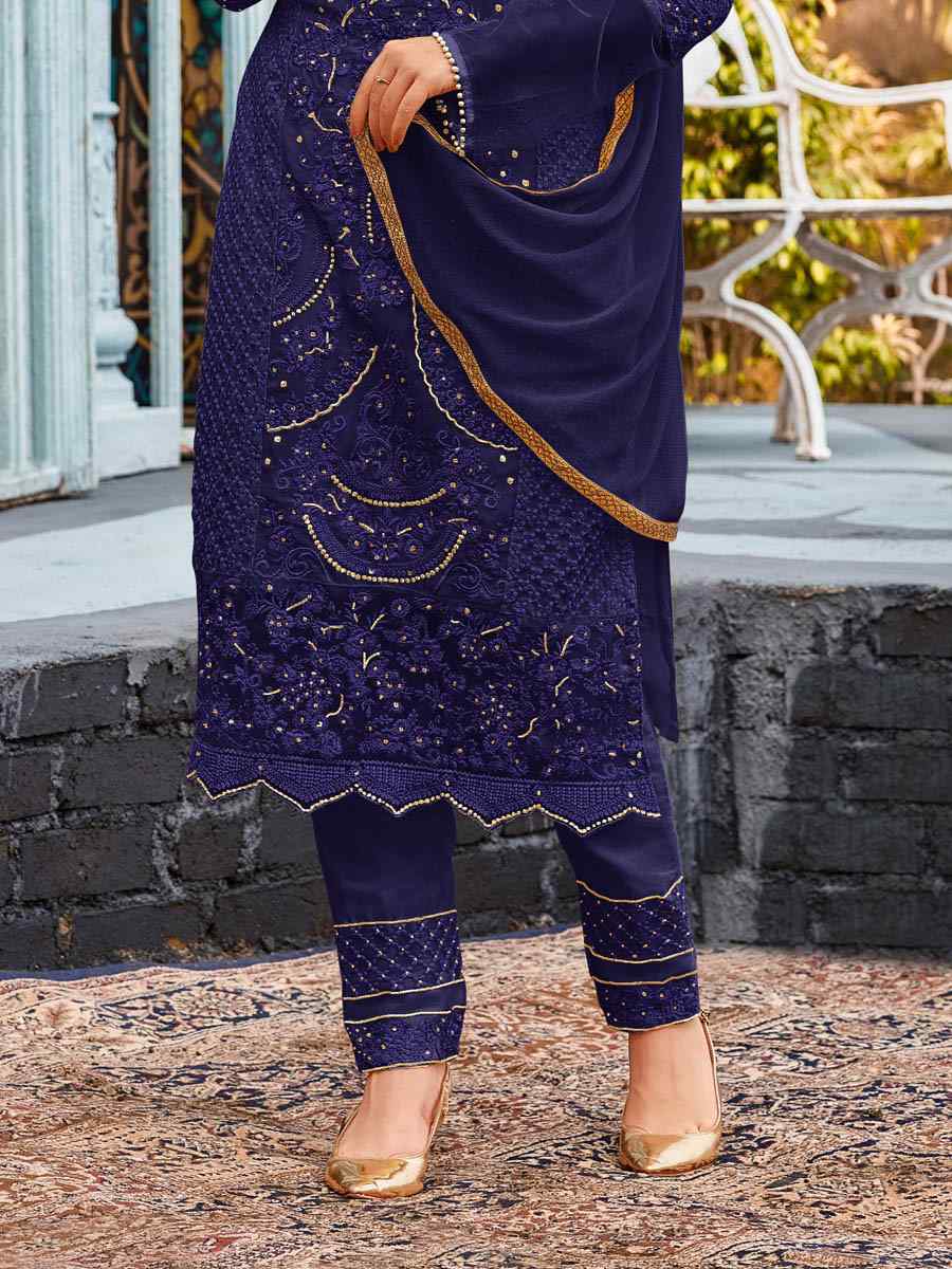 Navy Blue Heavy Faux Georgette Embroidered Party Pant Salwar Kameez