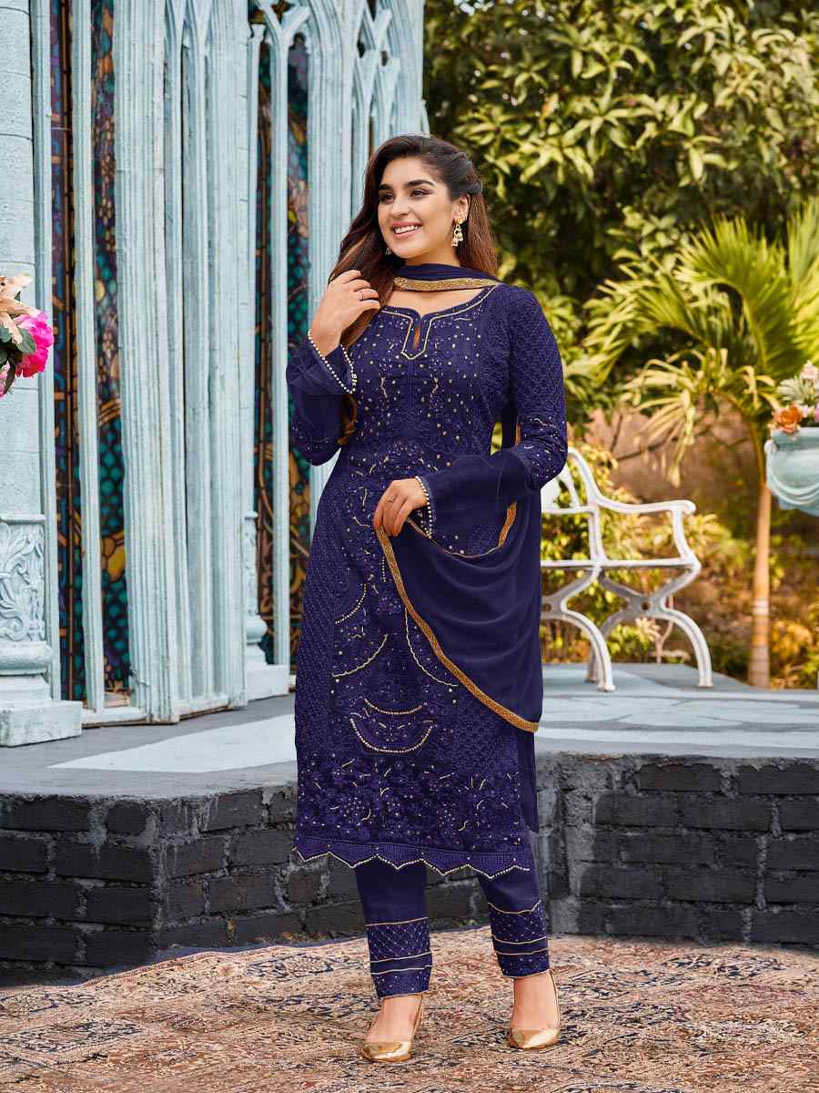 Navy Blue Heavy Faux Georgette Embroidered Party Pant Salwar Kameez