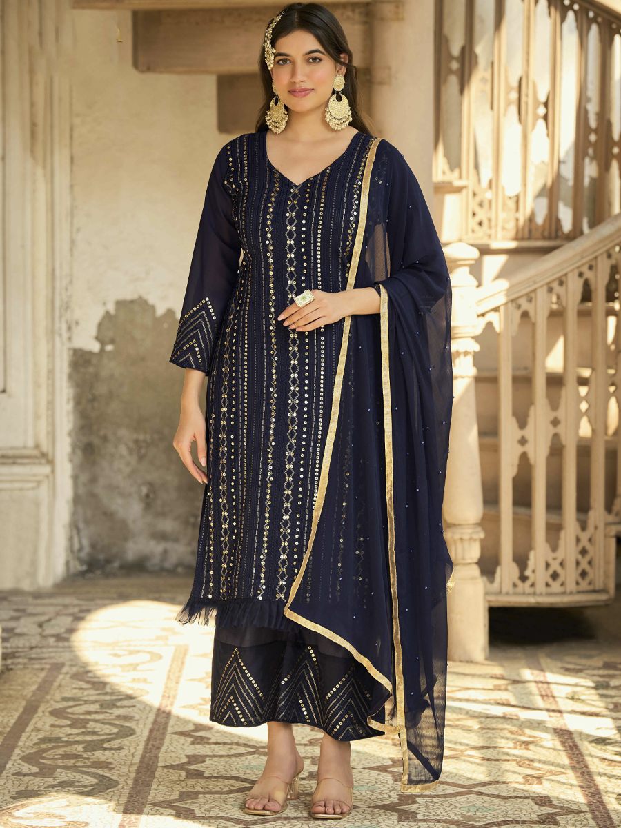Navy Blue Heavy Faux Georgette Embroidered Party Pant Salwar Kameez