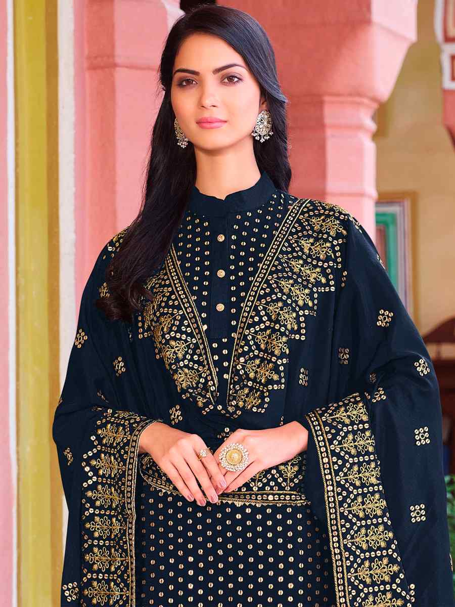 Navy Blue Heavy Faux Georgette Embroidered Wedding Festival Pant Salwar Kameez