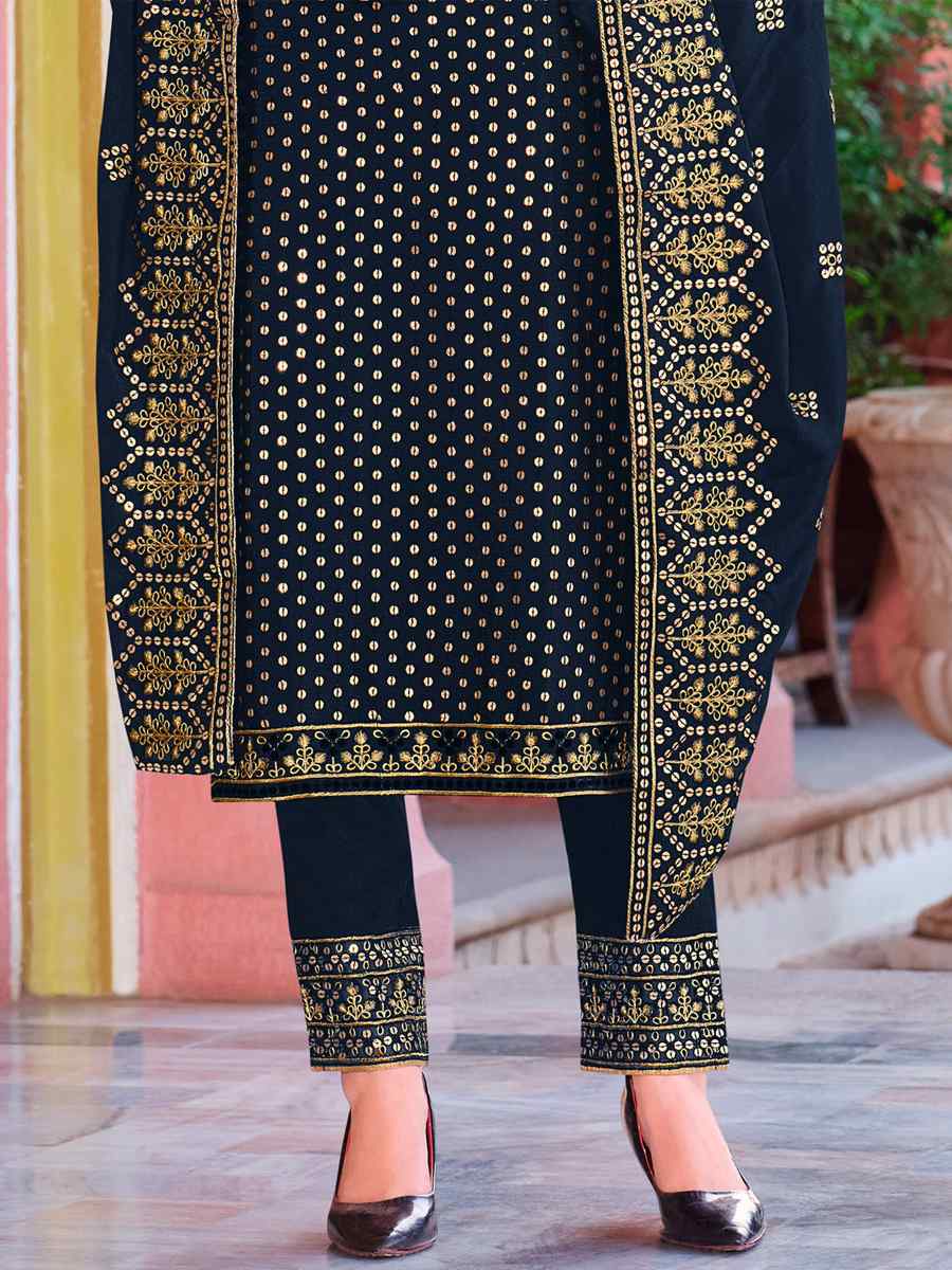 Navy Blue Heavy Faux Georgette Embroidered Wedding Festival Pant Salwar Kameez