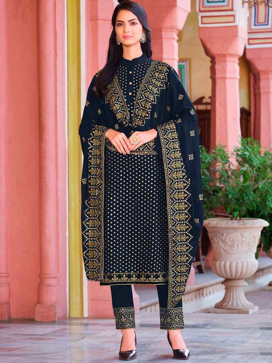 Navy Blue Heavy Faux Georgette Embroidered Wedding Festival Pant Salwar Kameez