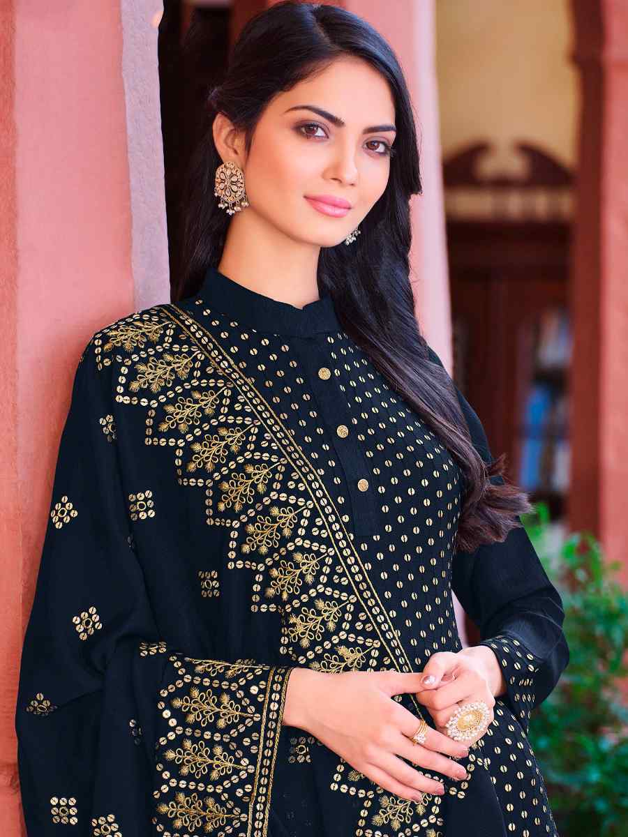 Navy Blue Heavy Faux Georgette Embroidered Wedding Festival Pant Salwar Kameez