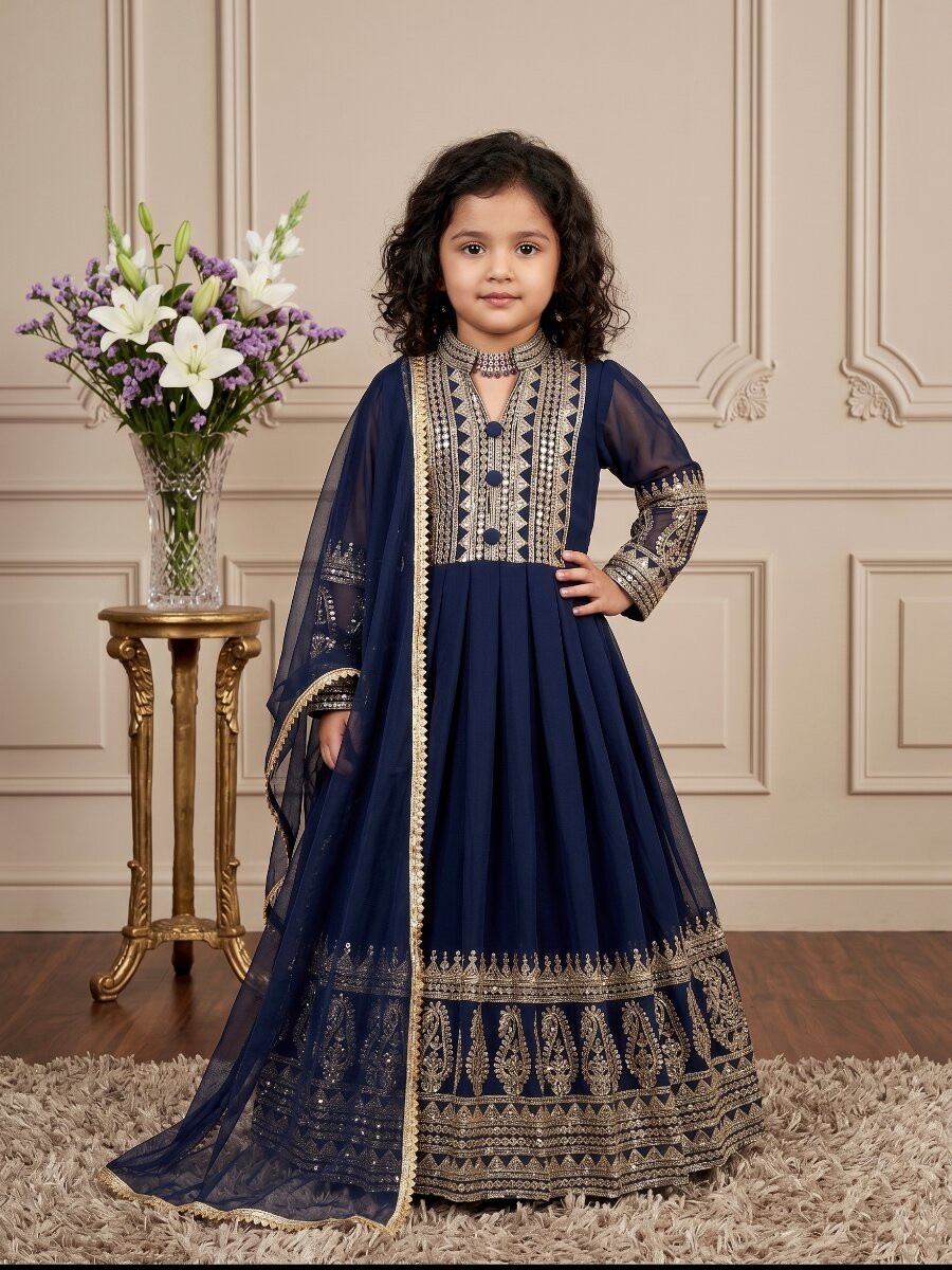 Navy Blue Heavy Fox Georgette Embroidered Sequins Ethnic Casual Festival Party Wedding Gown