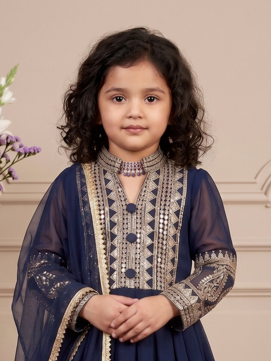 Navy Blue Heavy Fox Georgette Embroidered Sequins Ethnic Casual Festival Party Wedding Gown