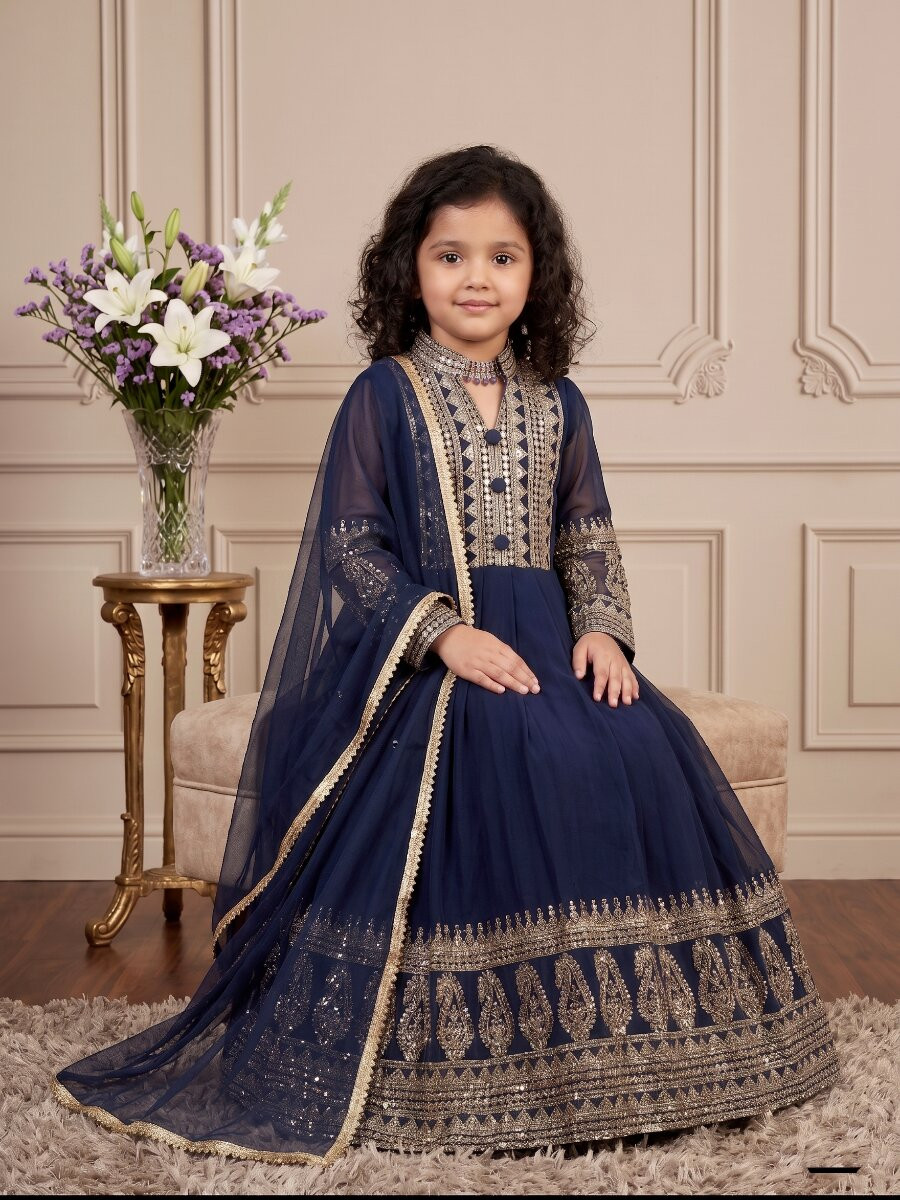 Navy Blue Heavy Fox Georgette Embroidered Sequins Ethnic Casual Festival Party Wedding Gown
