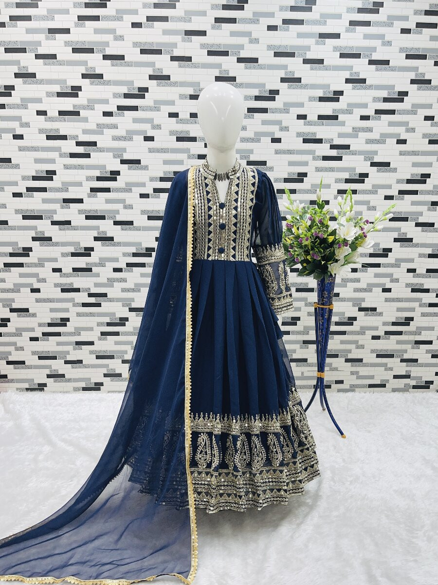 Navy Blue Heavy Fox Georgette Embroidered Sequins Ethnic Casual Festival Party Wedding Gown