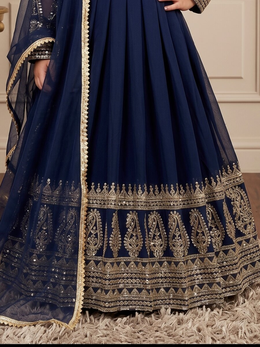 Navy Blue Heavy Fox Georgette Embroidered Sequins Ethnic Casual Festival Party Wedding Gown