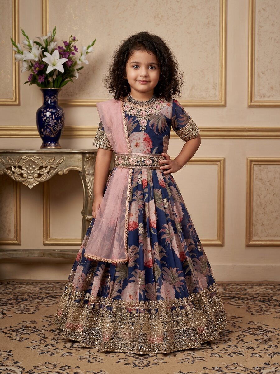 Navy Blue Heavy Fox Georgette Printed Embroidered Sequins Ethnic Casual Festival Party Wedding Gown