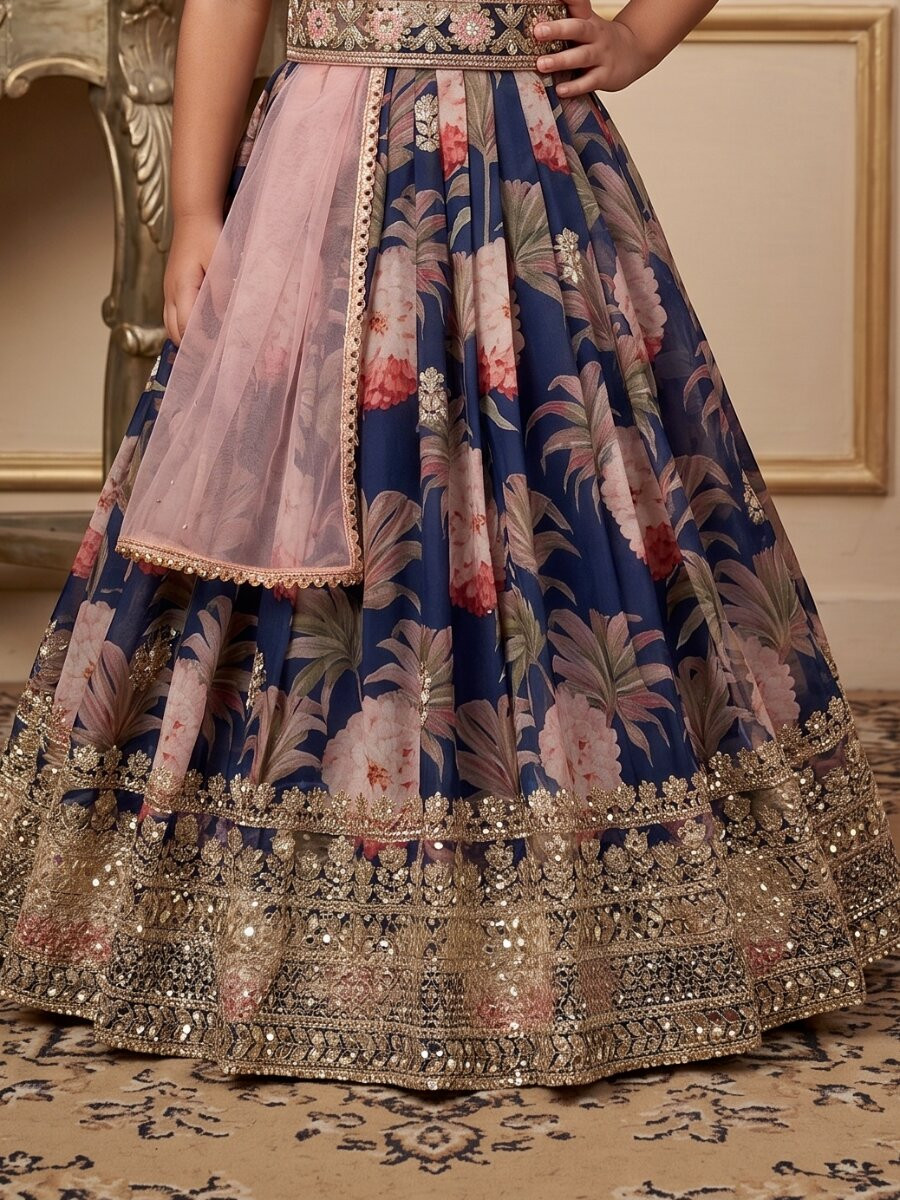 Navy Blue Heavy Fox Georgette Printed Embroidered Sequins Ethnic Casual Festival Party Wedding Gown