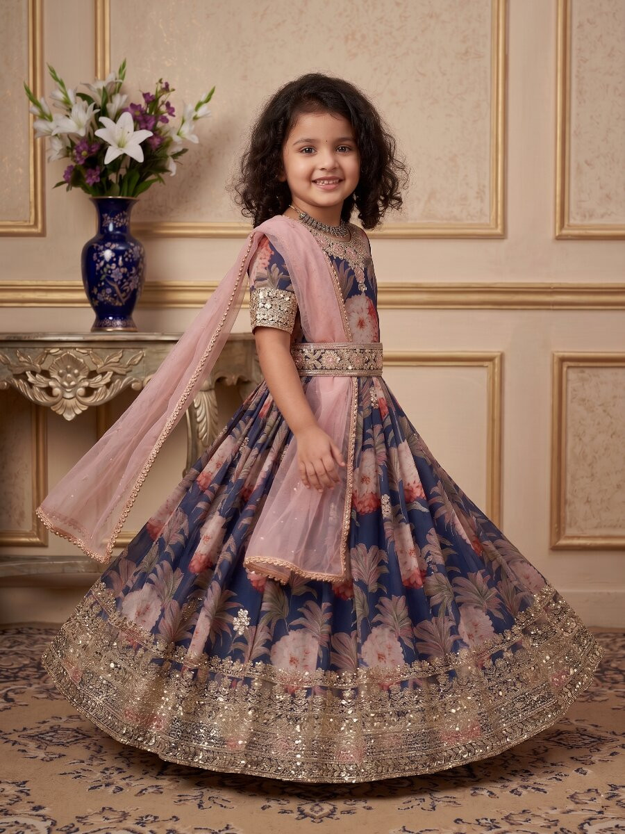 Navy Blue Heavy Fox Georgette Printed Embroidered Sequins Ethnic Casual Festival Party Wedding Gown