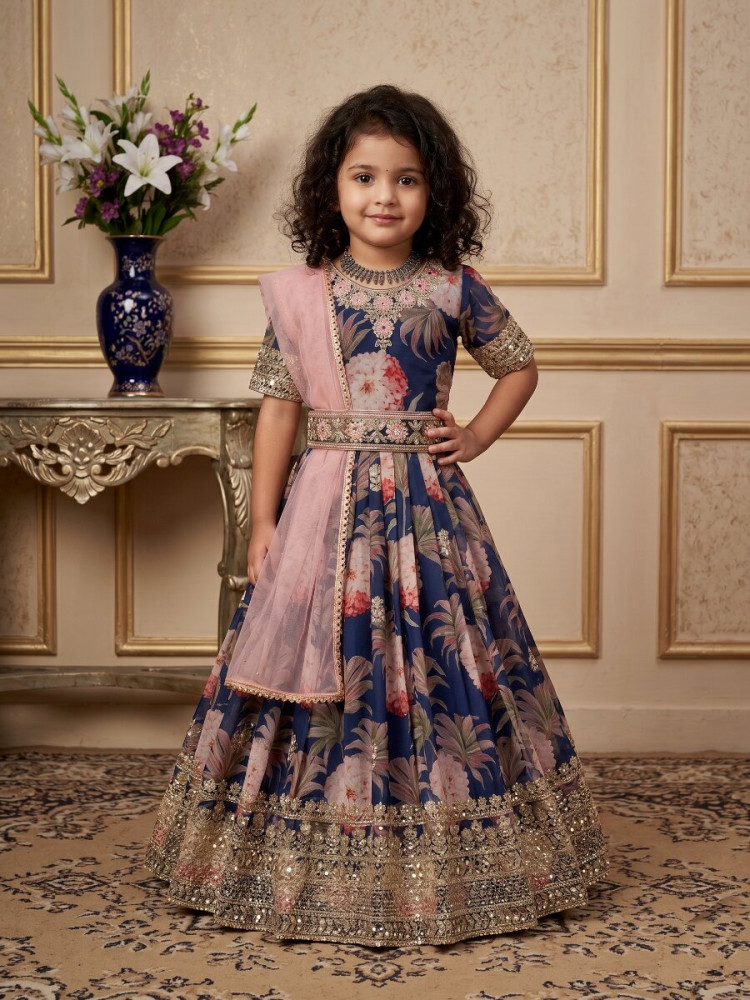 Image of Navy Blue Heavy Fox Georgette Printed Embroidered Sequins Ethnic Casual Festival Party Wedding Gown