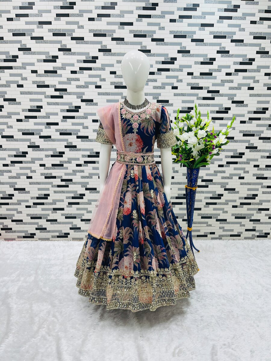 Navy Blue Heavy Fox Georgette Printed Embroidered Sequins Ethnic Casual Festival Party Wedding Gown