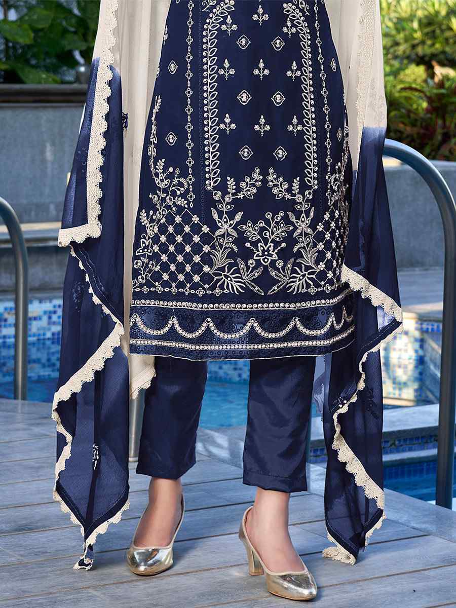 Navy Blue Heavy Georgette Embroidered Festival Casual Pant Salwar Kameez