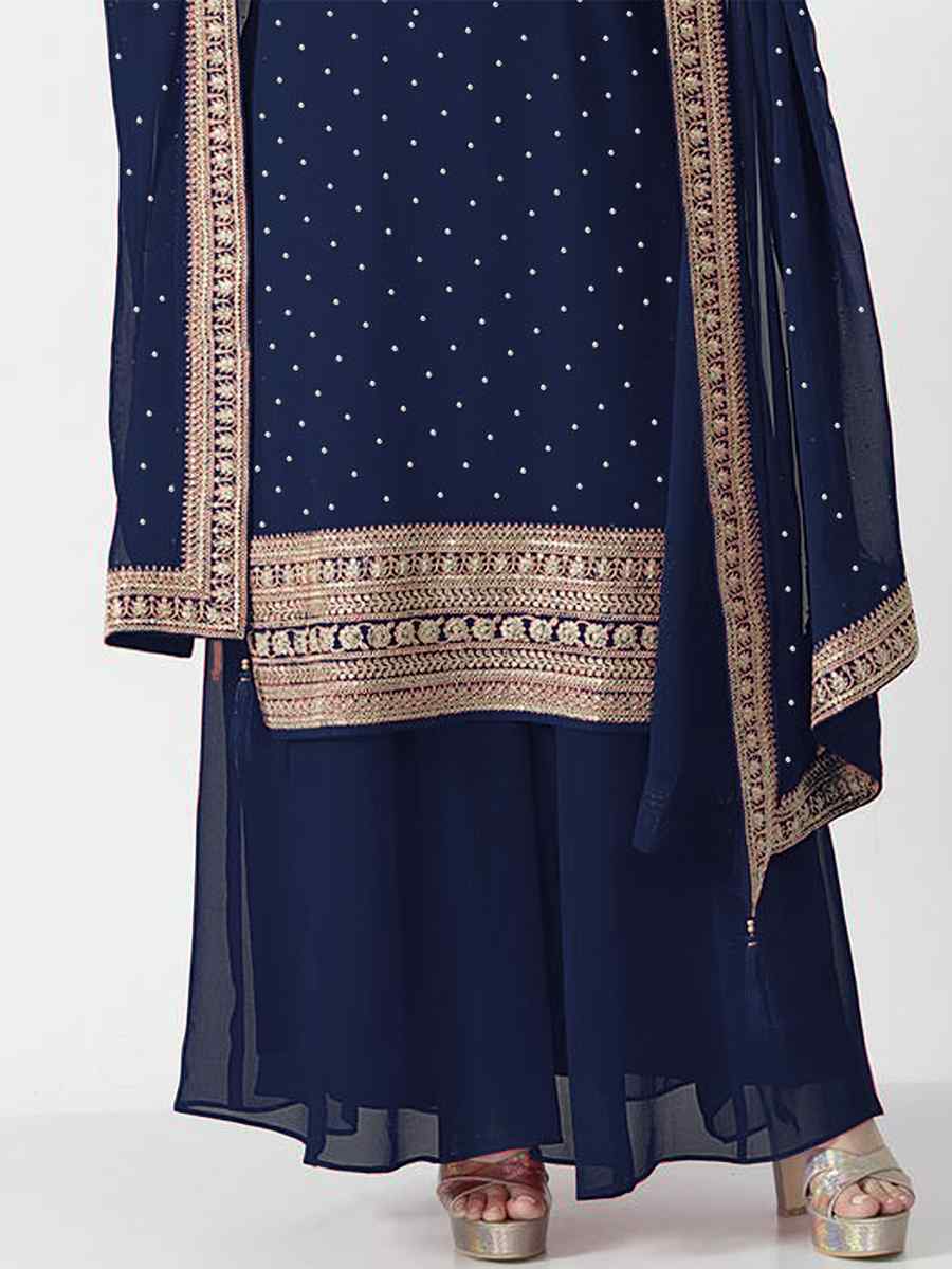 Navy Blue Heavy Georgette Embroidered Festival Party Ready Palazzo Pant Salwar Kameez