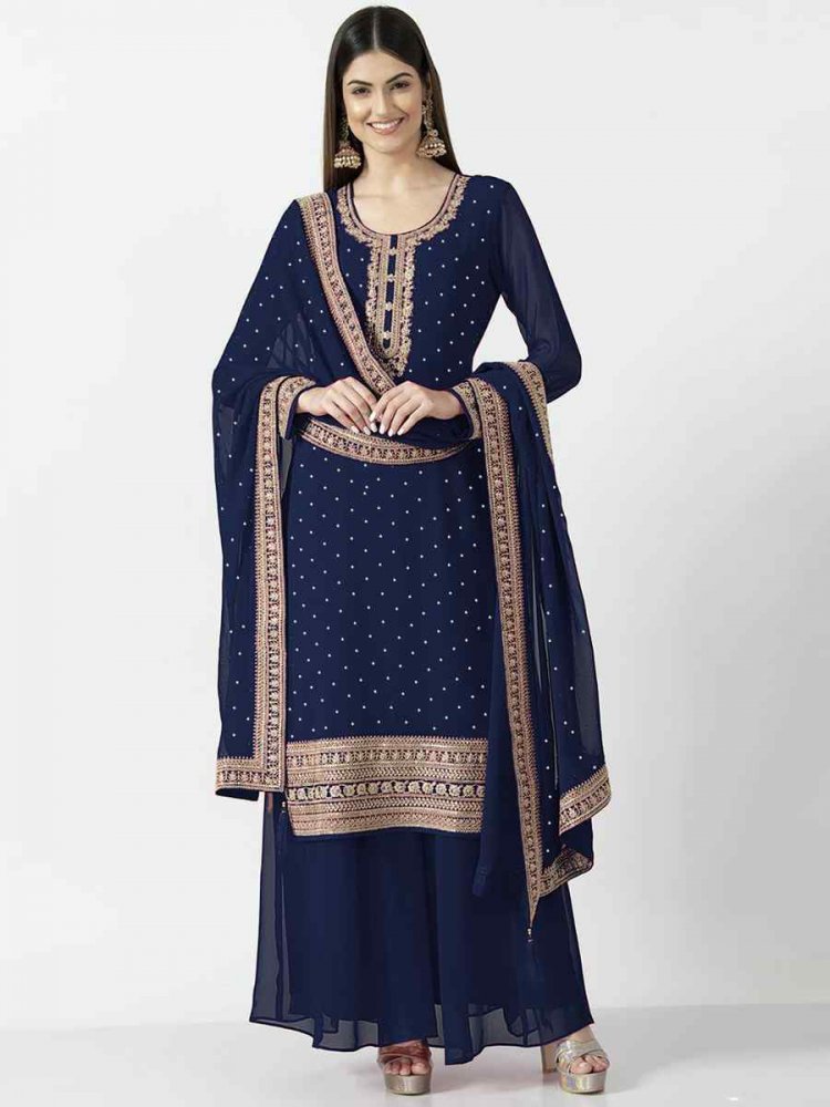 Navy Blue Heavy Georgette Embroidered Festival Party Ready Palazzo Pant Salwar Kameez