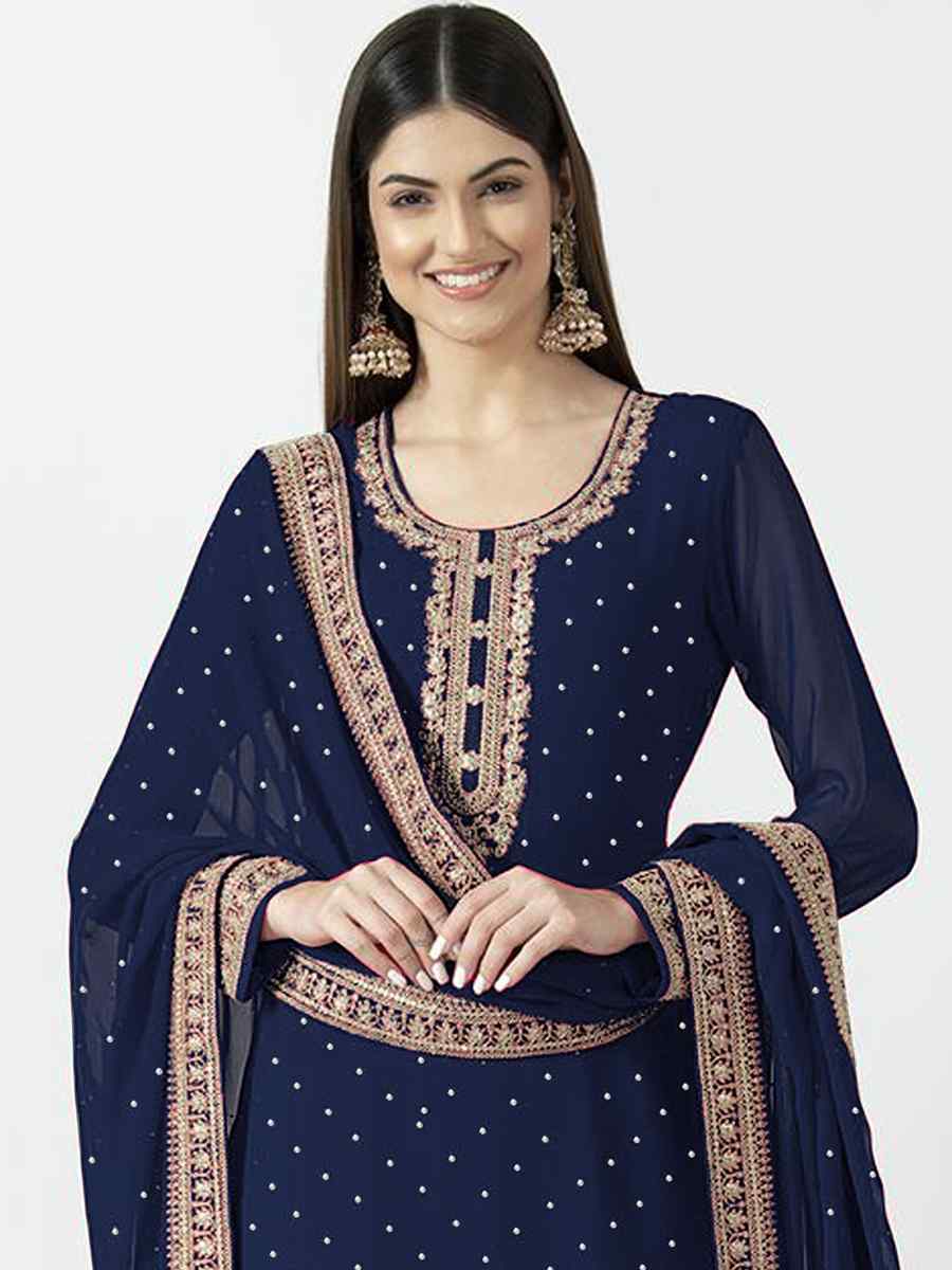 Navy Blue Heavy Georgette Embroidered Festival Party Ready Palazzo Pant Salwar Kameez