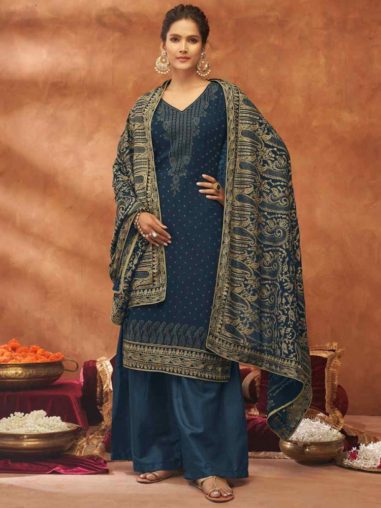 Navy Blue Heavy Georgette Embroidered Festival Wedding Palazzo Pant Salwar Kameez