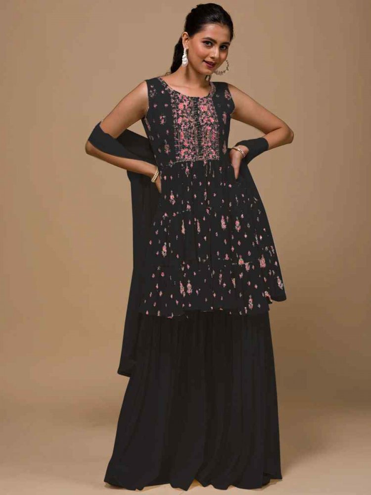 Navy Blue Heavy Georgette Embroidered Festival Wedding Palazzo Pant Salwar Kameez