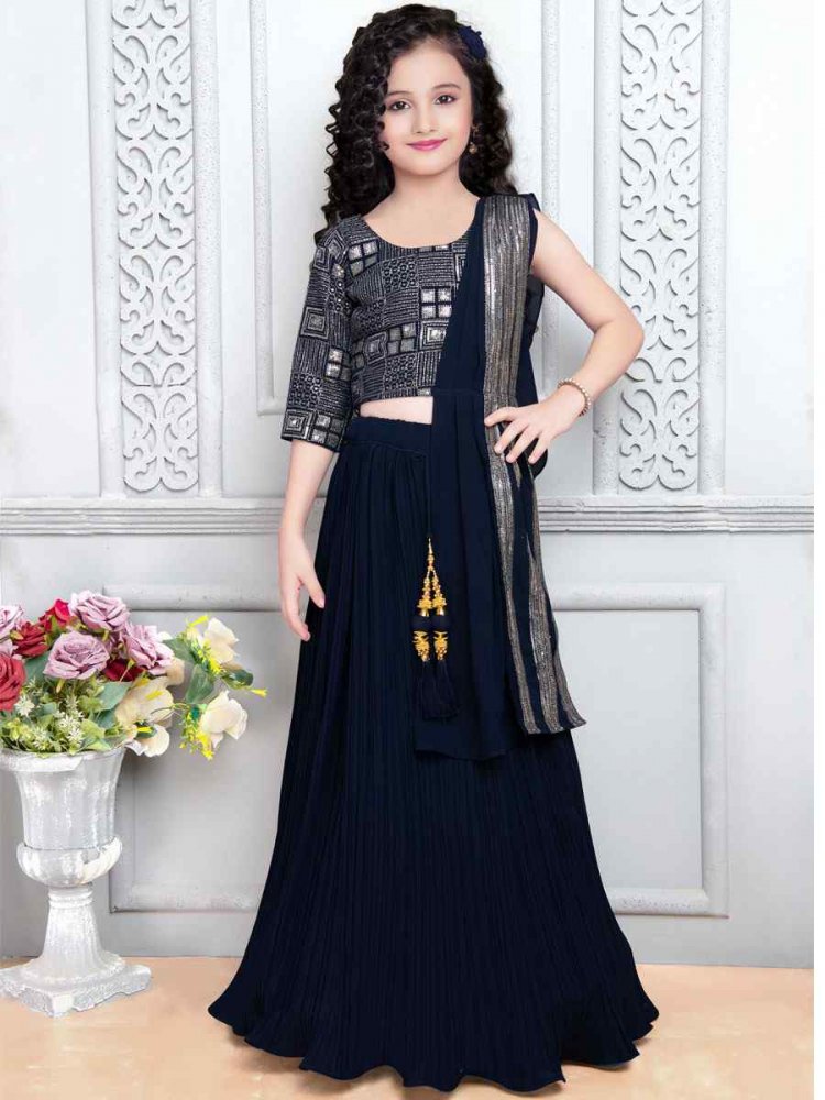 Navy Blue Heavy Georgette Embroidered Party Festival Lehengas Girls Wear