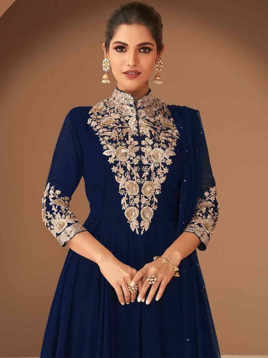 Navy Blue Heavy Georgette Embroidered Party Wedding Ready Anarkali Salwar Kameez