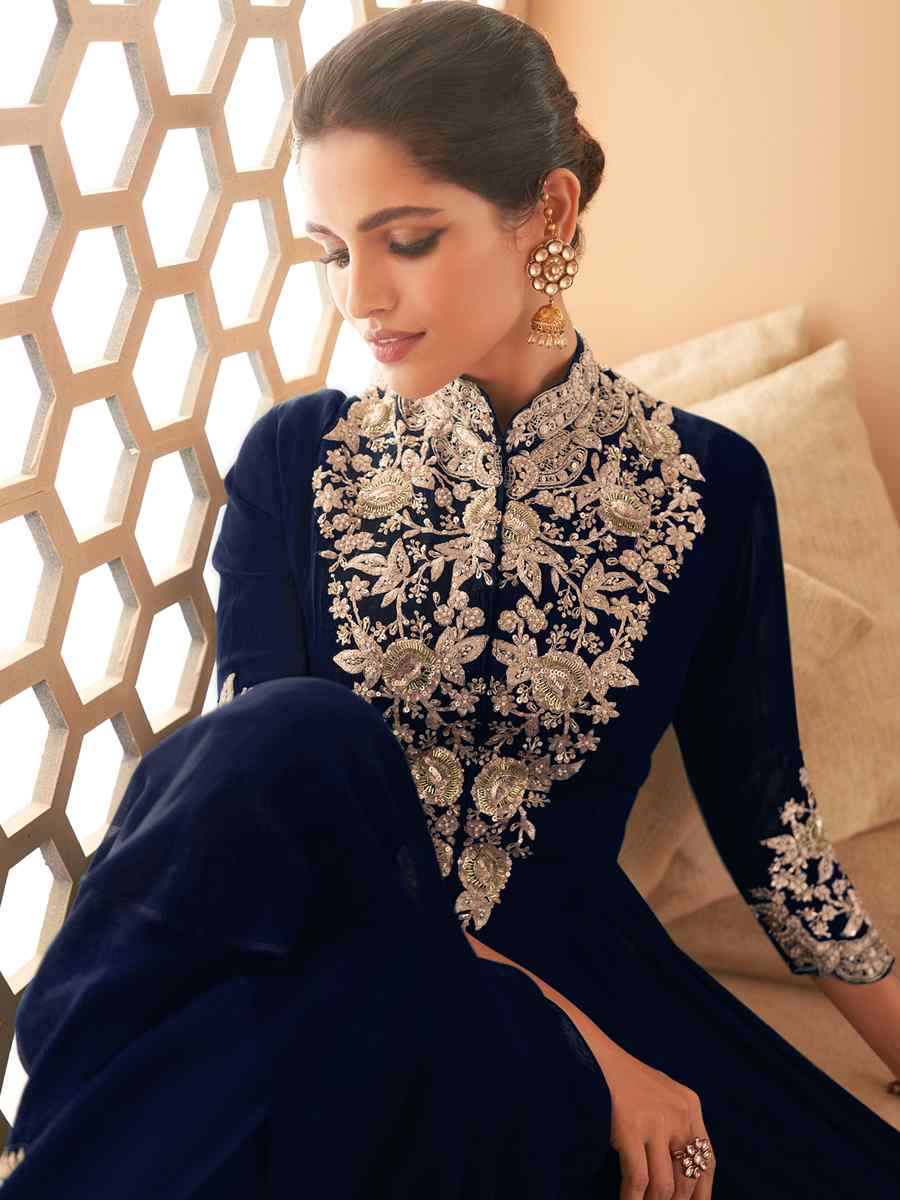 Navy Blue Heavy Georgette Embroidered Party Wedding Ready Anarkali Salwar Kameez