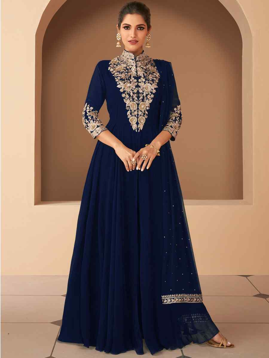 Navy Blue Heavy Georgette Embroidered Party Wedding Ready Anarkali Salwar Kameez