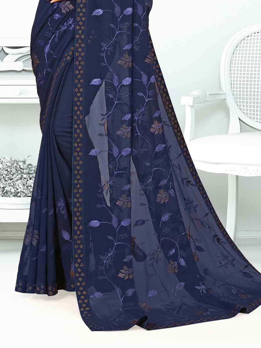 Navy Blue Heavy Georgette Embroidered Wedding Festival Classic Style Saree