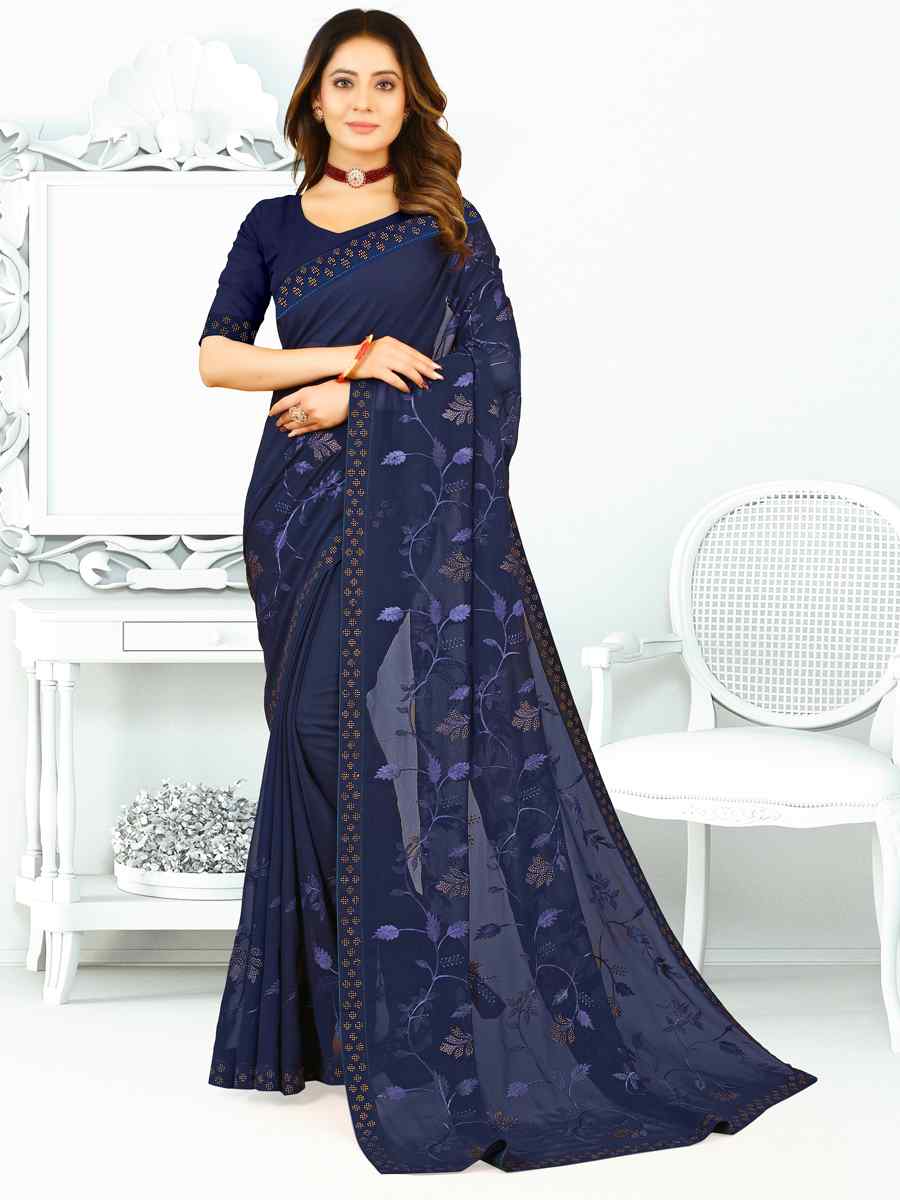Navy Blue Heavy Georgette Embroidered Wedding Festival Classic Style Saree