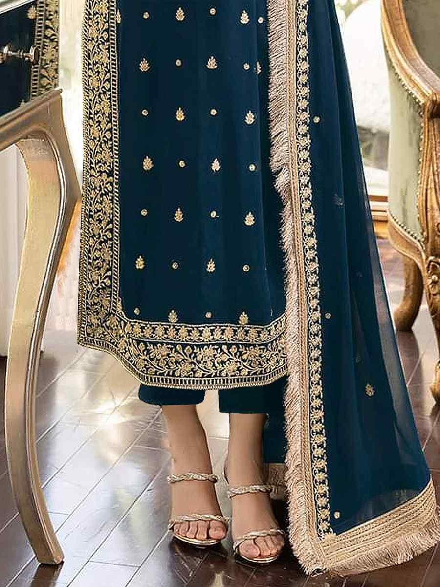 Navy Blue Heavy Georgette Embroidered Wedding Party Pant Salwar Kameez