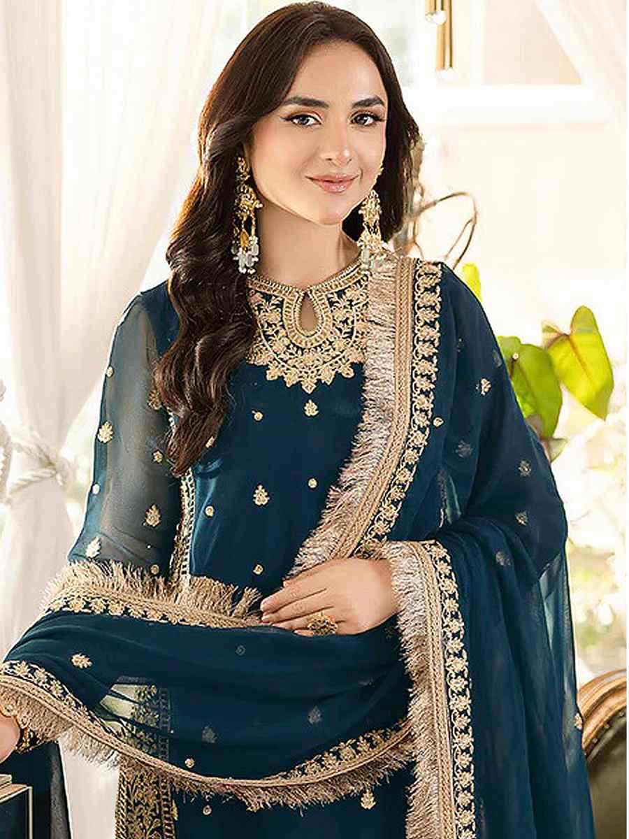 Navy Blue Heavy Georgette Embroidered Wedding Party Pant Salwar Kameez