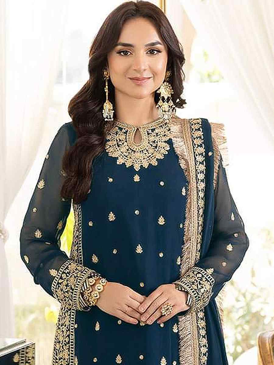 Navy Blue Heavy Georgette Embroidered Wedding Party Pant Salwar Kameez