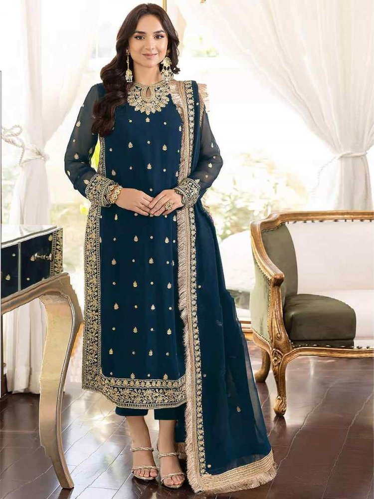 Navy Blue Heavy Georgette Embroidered Wedding Party Pant Salwar Kameez