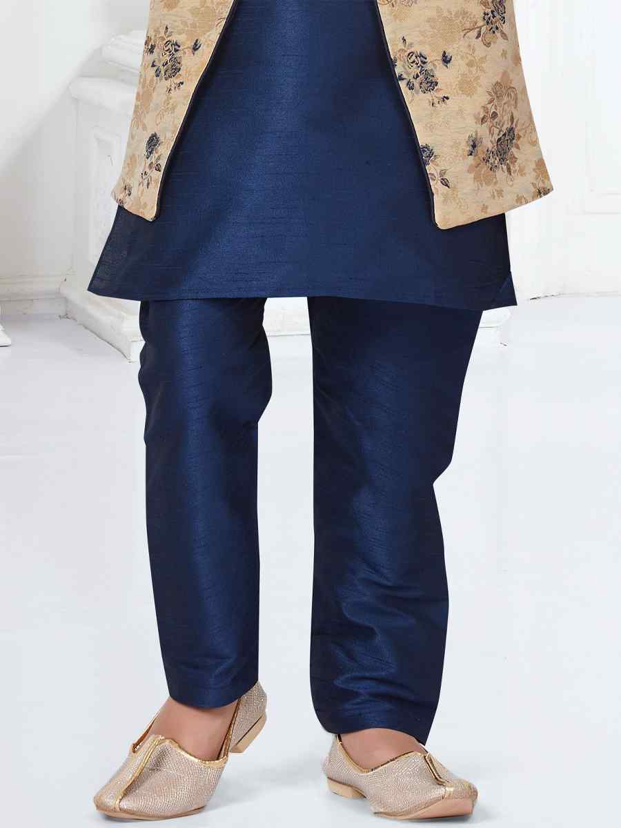 Navy Blue Heavy Jacquard Silk Dupion Floral Party Festival Kurta Pyjama Boys Wear