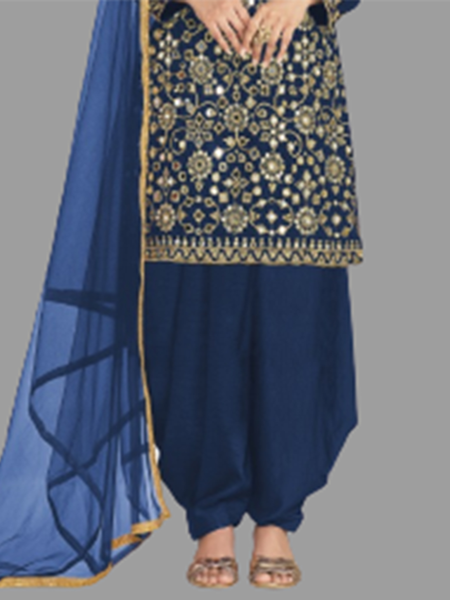 Navy Blue Heavy Kasturi Pure Silk Embroidered Festival Mehendi Patiala Salwar Kameez