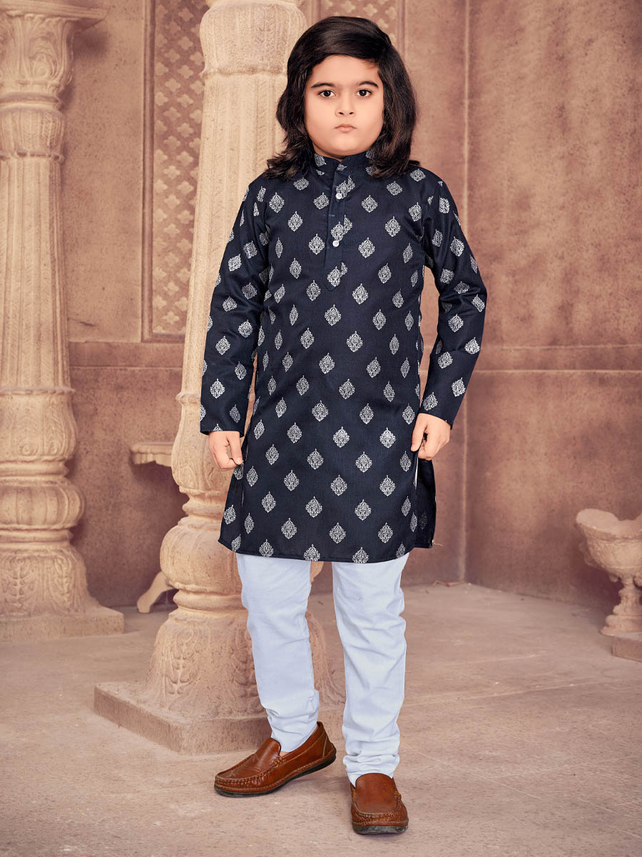 Navy Blue Heavy Magic Cotton Slub  Printed Festival Traditional Kurta Pyjama Boys Wear