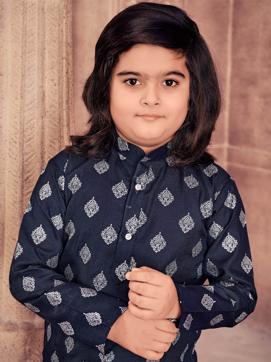 Navy Blue Heavy Magic Cotton Slub  Printed Festival Traditional Kurta Pyjama Boys Wear