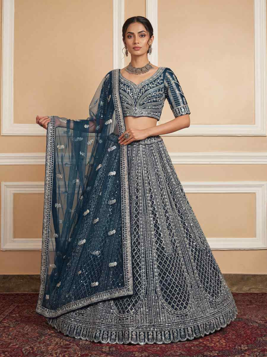 Navy Blue Heavy Net Embroidery Bridal Wedding Reception Festival Heavy Border Lehenga Choli