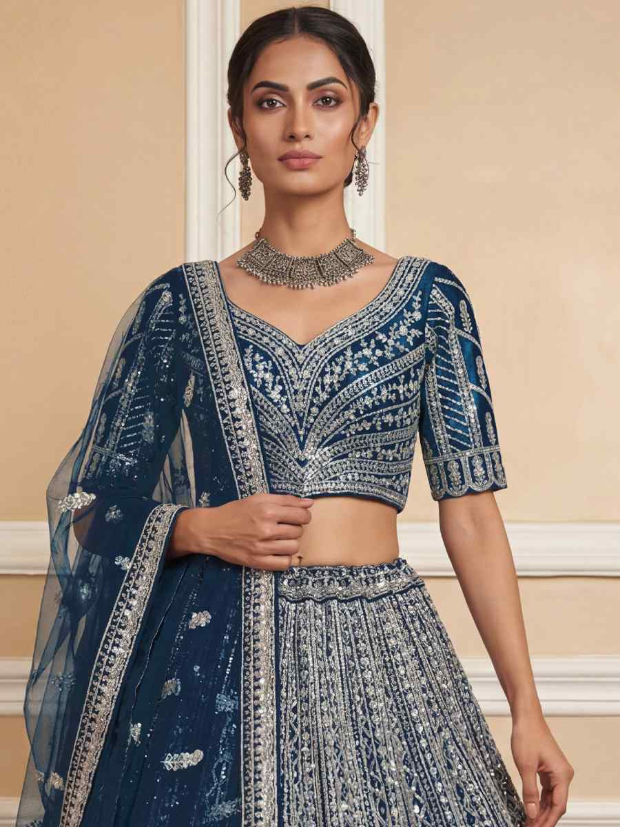 Navy Blue Heavy Net Embroidery Bridal Wedding Reception Festival Heavy Border Lehenga Choli