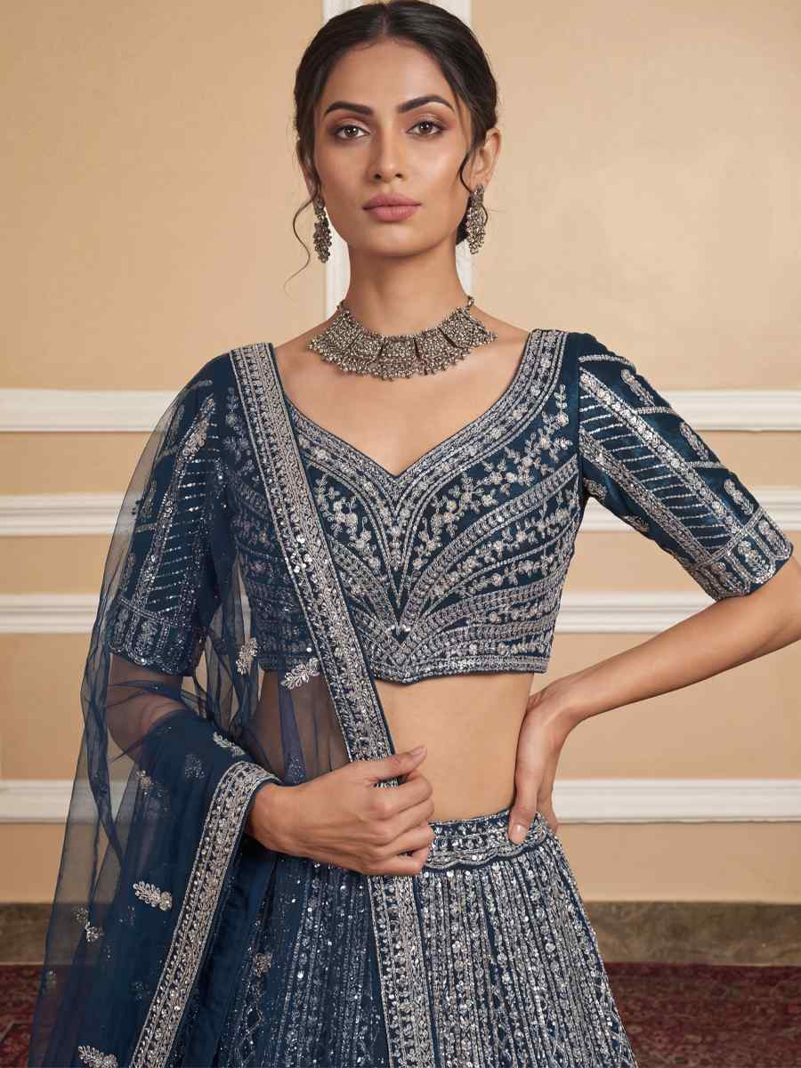 Navy Blue Heavy Net Embroidery Bridal Wedding Reception Festival Heavy Border Lehenga Choli