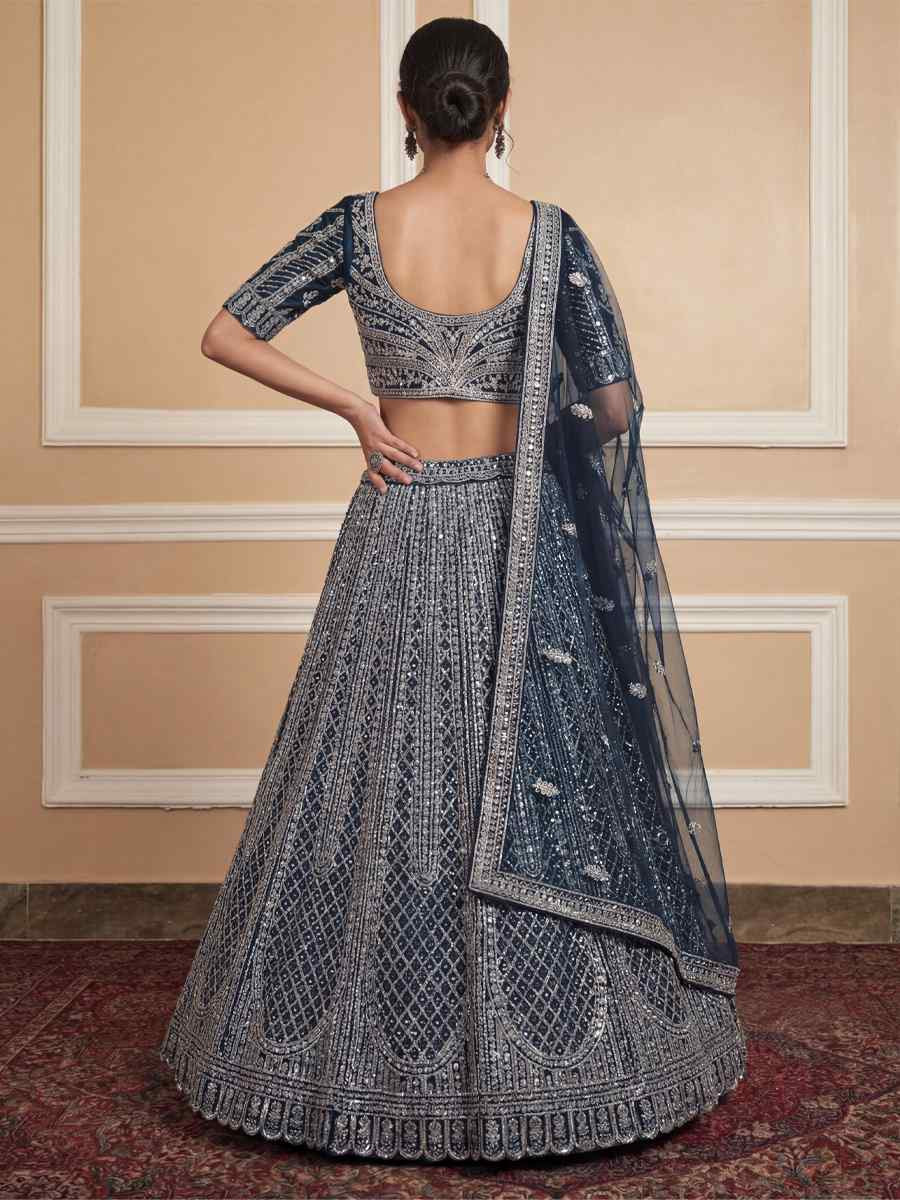 Navy Blue Heavy Net Embroidery Bridal Wedding Reception Festival Heavy Border Lehenga Choli