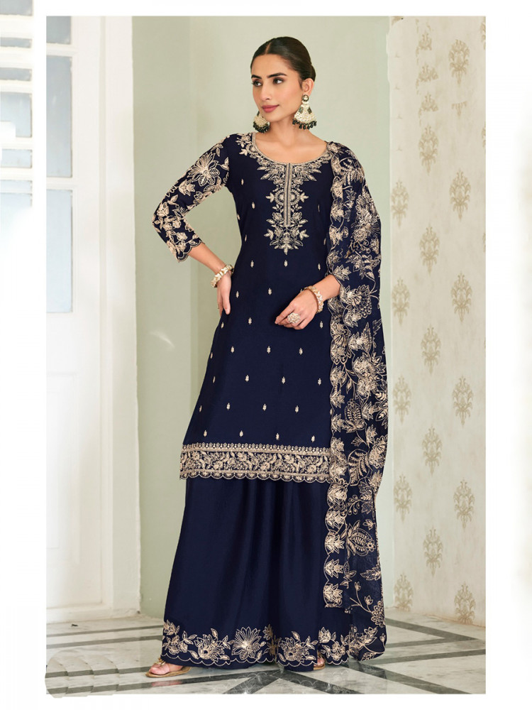 Image of Navy Blue Heavy Premium Chinon Embroidery Wedding Party Festival Casual Palazzo Pant Salwar Kameez